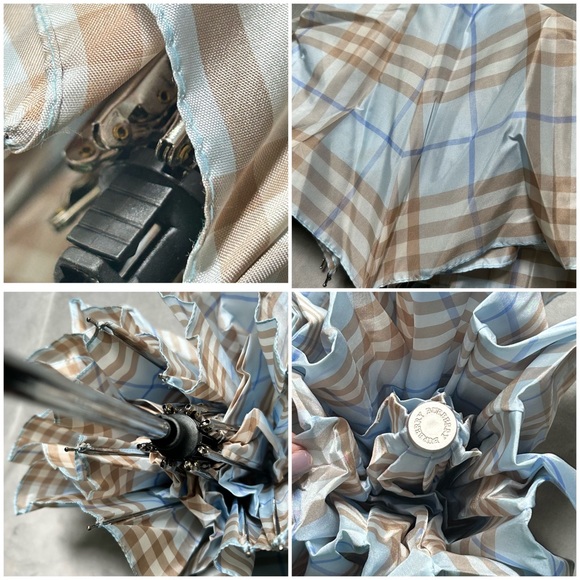Vintage Burberry blue brown plaid collapsible umbrella wood handle storage bag - Picture 8 of 15